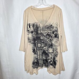 Lavish Plus Sz 2X Pullover Knit Tunic Blouse Top Sheer 3/4 Sleeve London Graphic
